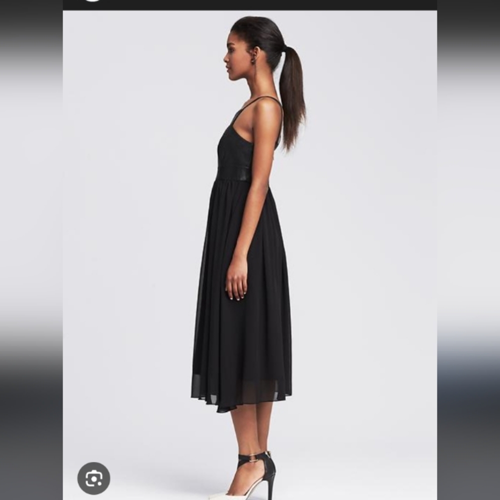 Banana Republic Black Leather and Chiffon Midi Dress.Pit To Pit 17". - Picture 3 of 8